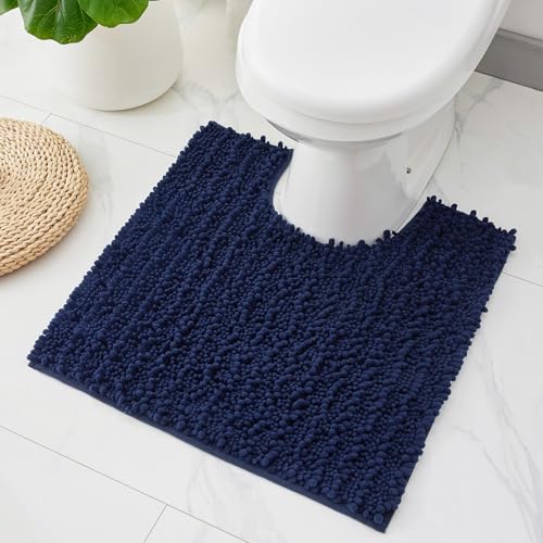 ILANGO Toilet Rugs U Shaped Navy Blue 24x24 Bathroom Rugs,Extra Soft Absorbent Chenille Bath Rugs,Thick Non-Slip Shaggy Bath Mat,Machine Washable Quick Dry Bath Mats for Toilet Contour - color: Navy Blue, size: 24"×24" Toilet Rug