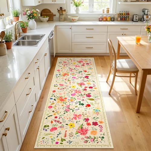 ISEAU Boho Runner Rugs,2x6 Area Rug for Dorm Hallway Rug,Beige | Washable Flower Area Rug with Non-Slip Botton for Kitchen Bedside, Runner for Hallway Nursery Entryway Dining Room Dorm Decor - color: Beige, size: 2ftx6ft