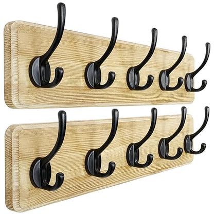 Coat Rack Wall: Patented, Heavy-Duty, 5-Double-Hooks Wooden Wall Mounted Coat Rack Coat Hanger Hook Rail for Winter Coats Hat Jacket Clothing, Light Brown, Pack of 2 - color: Light Brown & Black, size: L=17.4" (2pcs)
