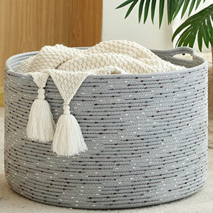 KAKAMAY Large Blanket Basket (20"x13"),Woven Baskets for storage Baby Laundry Hamper, Cotton Rope Blanket Basket for Living Room, Laundry, Nursery, Pillows, Grey with Blue & Brown Dotted | Extra Large Capacity | Natural Cotton Rope | Blanket Storage | Wov