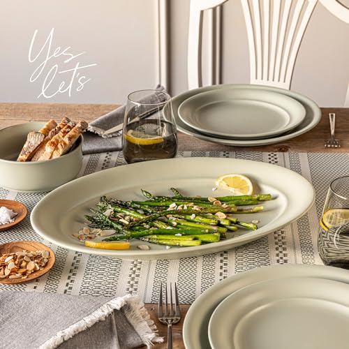 over&back Rim Stoneware Serving Platter - Elegant 1-Piece Oval Serving Platter to Complete Your Kitchen Set - 16" L x 10.8" W Semi-Matte Sage - color: Green