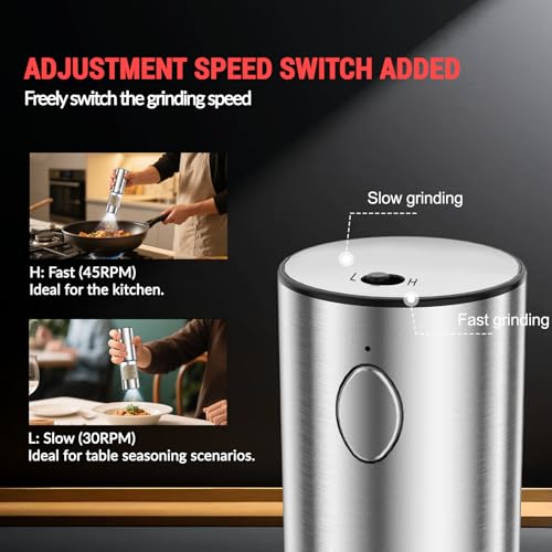 Electric Salt and Pepper Grinder Set with External Coarseness Adjustment, 95ml Large Capacity Automatic Pepper Mill, USB-C Charging Base with LED Light, Stainless Steel Spice Grinder, 2-Piece Set - size: Upgraded Adjustment Version (1 Pack)