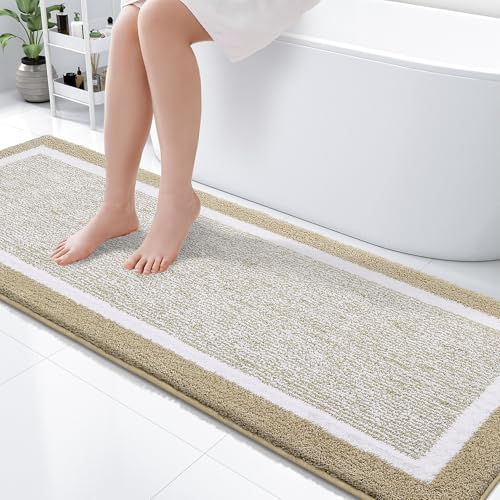 OLANLY Bathroom Runner Rugs 70x24, Extra Long Bath Mats for Bathroom, Beige | Non-Slip, Machine Washable, Quick Dry Shaggy Bath Carpet, Suitable for Bathroom Floor, Tub, Shower - color: Beige and White, size: 70" X 24"