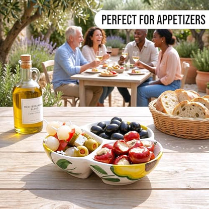 3-Compartment Ceramic Serving Dish, Handmade in Spain | 7.5” divided chip and dip bowl with lead-free glaze, microwave, oven and dishwasher safe, ideal for tapas, snacks and sauces - color: Rustic Avocado
