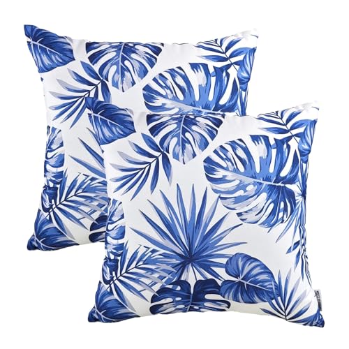 Outdoor Throw Pillows 18×18 Inch Waterproof Pillows with Inserts | Set of 2 Fade Resistant Patio Pillows for Porch Garden Couch and Patio Furniture - color: Blue-palm
