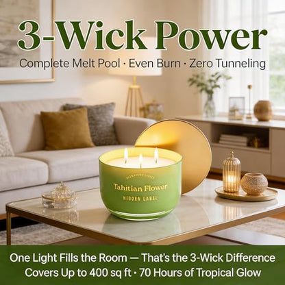 Hidden Label Tahitian Flower Candle, 18oz 3 Wick, 70H Tropical | Sage Green Glass Bowl | Mirror Gold Lid | Exotic Floral Scent | Non Toxic Soy Wax - color: Tahitian Flower