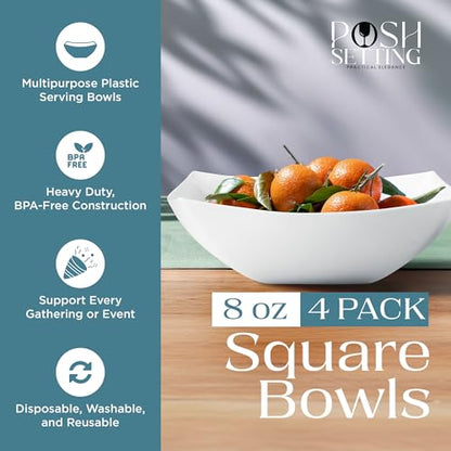 4 Pack Disposable White Plastic Serving Bowls Square Party Candy Use 64oz | Square Design. Disposable Party Tableware. Salad, Fruit & Candy Use. Candy Buffet Containers. White Plastic. - color: White, size: 64 OUNCE