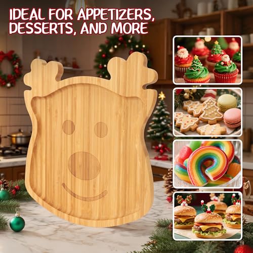 WILLKOMMEN Christmas Serving Tray, Bamboo Reindeer Shaped Serving Platter, Charcuterie Board Serving Dishes 10" x 9" for Party Cookie Fruit Tray Cheese Board Plate - color: Christmas Reindeer Shaped