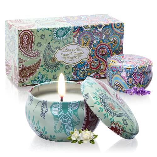 2 Pack Scented Candles, 2.5 oz Aromatherapy Candles for Home Scented, Natural Soy Candles with Floral Scents, Portable Small Jar Candle Set for Travel, Spa, Bath, Home Decor Tin Candle Pack - color: Gardenia + Lavender
