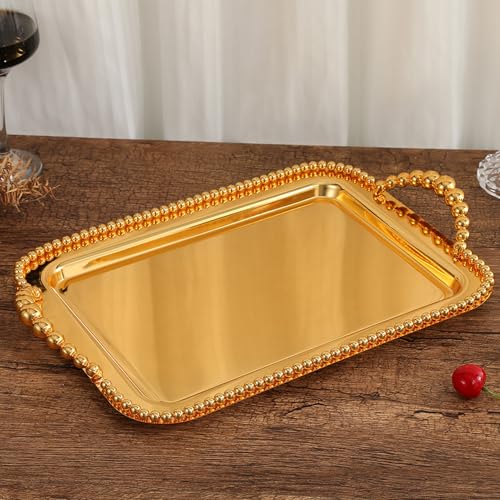Asixxsix Metal Serving Tray, 16.5 x 11.0 inch Rectangular Stainless Steel Food Serving Tray European Retro Style Mirror Coffee Table Dessert Platter for Buffet Wedding Party (Gold) - color: Gold