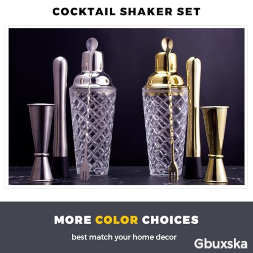 Cocktail Shaker Set, 14.2oz Glass Martini Shaker with Strainer - Includes Measuring Jigger, Mixing Spoon and Muddler - Perfect for Making Cocktails and Protein Shakes (Silver) - color: Silver Set