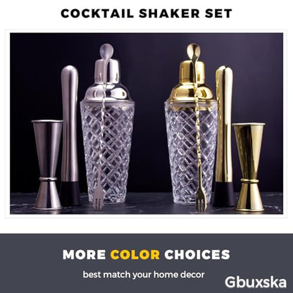 Cocktail Shaker Set, 14.2oz Glass Martini Shaker with Strainer - Includes Measuring Jigger, Mixing Spoon and Muddler - Perfect for Making Cocktails and Protein Shakes (Silver) - color: Silver Set