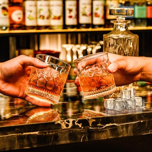 PARACITY Whiskey Glasses Set of 2, Old Fashioned Rocks Cocktail Glasses | Carved pattern and circular indents offer easy grip for ice balls, bourbon, Scotch, cocktails, bars, parties, or home use.