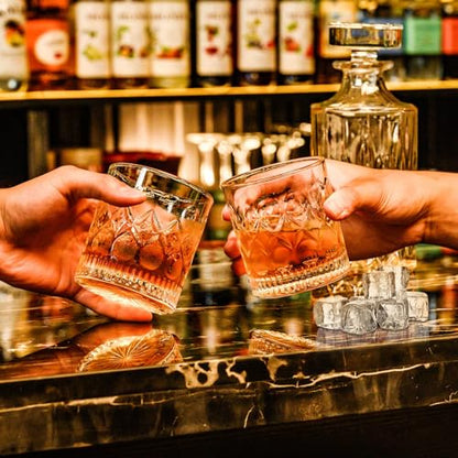 PARACITY Whiskey Glasses Set of 2, Old Fashioned Rocks Cocktail Glasses | Carved pattern and circular indents offer easy grip for ice balls, bourbon, Scotch, cocktails, bars, parties, or home use.