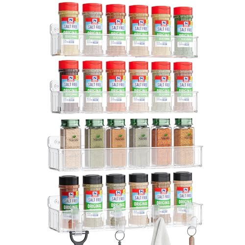 Nieifi Spice Rack Wall Mount, 4 Pack Clear, 2" Depth, Screw/Adhesive | Wall-Mounted with Removable Hooks Saves Counter Space, Fits 2" Deep Jars, Ideal for Kitchen Cabinets, Pantry Doors, and RVs - color: Clear