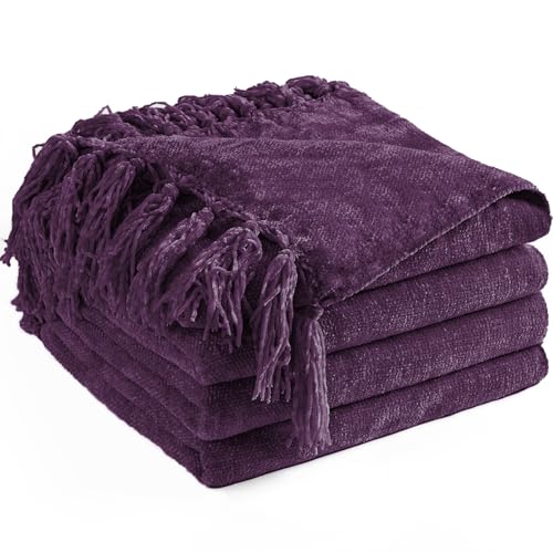 Chenille Throw Blanket for Couch 60" x 80" Twin, Dark Purple | Soft Cozy Warm Throws with Fringe Tassel, for Living Room Bed Sofa Chair Cover, Lightweight Knitted Decorative Boho Blankets - color: Dark Purple, size: 60x80 inch