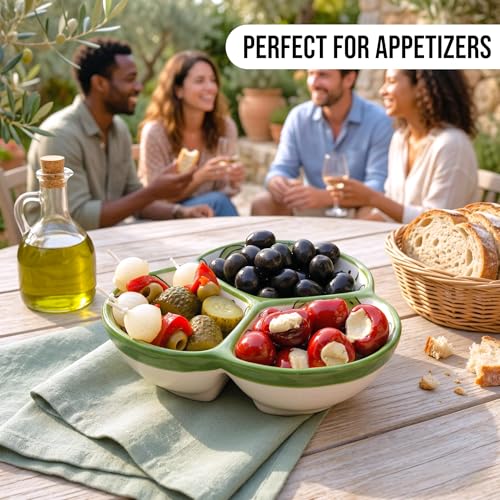 3-Compartment Ceramic Serving Dish, Handmade in Spain | 7.5” divided chip and dip bowl with lead-free glaze, microwave, oven and dishwasher safe, ideal for tapas, snacks and sauces - color: Cactus Green