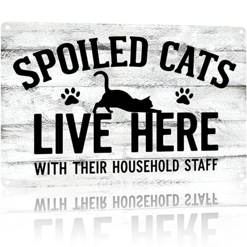 Funny Cat Tin Sign, Rustic White Wood Style Wall Decor, Farmhouse Pet Lover Plaque, Gift for Cat Lovers, Home Kitchen Living Room Decor 8x12 Inch (26011) - color: CATS