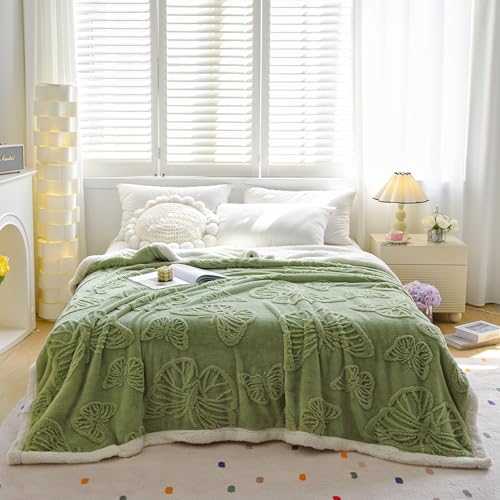 Sherpa Bed Blanket 80 × 90 inch, Ultra Soft Queen Size Throw Blanket for All Season, Cozy Plush Butterfly Fleece Blankets for Bedroom Living Room Dorm Hostel Sofa Camping, Green - color: D-green, size: 80x90 inch