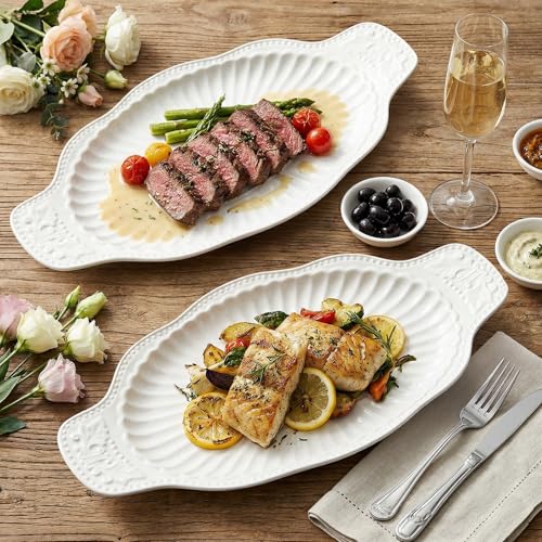 2 Pack Porcelain Oval Serving Platters, 14 Inch Large Embossed White Serving Plates for Entertaining, Oven Safe Stackable Ceramic Dinner Tray for Fish, Meat, Appetizers, Fruits, Dessert