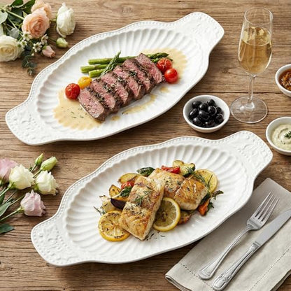 2 Pack Porcelain Oval Serving Platters, 14 Inch Large Embossed White Serving Plates for Entertaining, Oven Safe Stackable Ceramic Dinner Tray for Fish, Meat, Appetizers, Fruits, Dessert