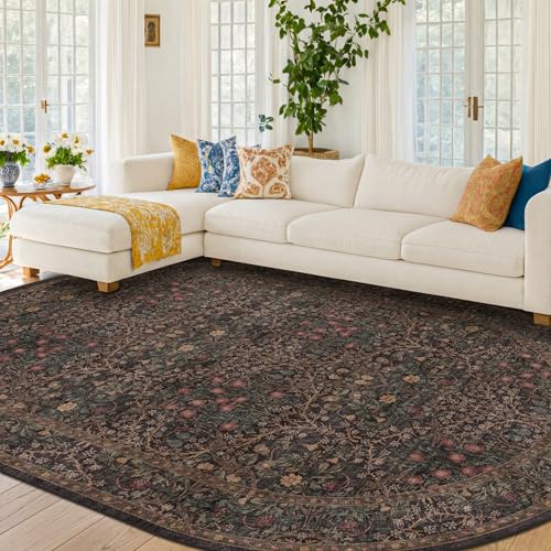 Oval Area Rug 6x9 for Living Room, Dining Room Rug, Dark Brown Floral Oval Bedroom Rug, Low Pile Non-Slip Floor Carpet for Playroom, Home Office - Vintage Oriental Stain Resistant Earthy Tones Décor - color: Dark Brown, size: 6' x 9' (Oval)