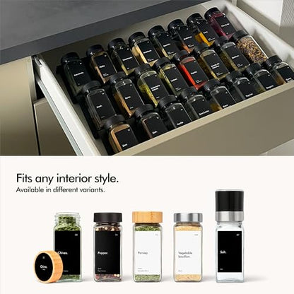 KIVY Spice Jars with Labels [24x 4oz] Glass Seasoning Containers with Airtight Lids for Organization - Empty Square Bottles for Spices & Seasonings with Shaker Lids - Spice Containers Wood Bamboo - size: Bamboo Black