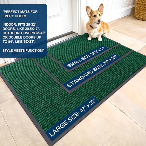 OLANLY Green 2 Piece Set, Indoor Outdoor Entrance Front Door Mat (29.5x17) & Geometric Door Mat (29.5x17)