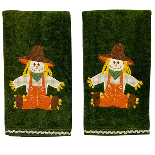 Autumn Fall Fingertip Towels for Bathroom, Forest Olive Dark Green, Embroidered Scarecrow Design, 2 Piece Set, 12" x 18", 100% Cotton - color: Scarecrow