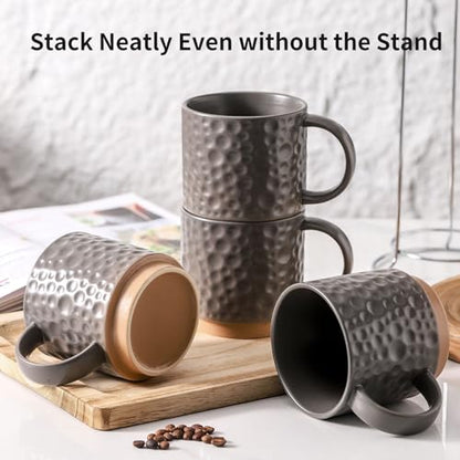 Nihow 16 Oz Ceramic Coffee Mug Set of 4 with Stackable Stand,Matte Gray | Stackable, Stainless Stand Included, Cappuccino & Tea, Hot/Cold Drinks, Dishwasher & Microwave Safe - color: Matte Gray, size: 16 oz With Stand