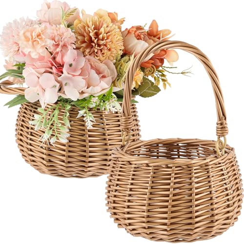 Weysat 2 Pcs Small Flower Girl Basket with Handle Wicker Rattan Flower Basket Set, Rustic, Hand Woven for Wedding Girl Home Decorations Picnic Garden Candy Sweets Gifts Storage, Multifunctional - style: Natural
