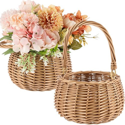 Weysat 2 Pcs Small Flower Girl Basket with Handle Wicker Rattan Flower Basket Set, Rustic, Hand Woven for Wedding Girl Home Decorations Picnic Garden Candy Sweets Gifts Storage, Multifunctional - style: Natural