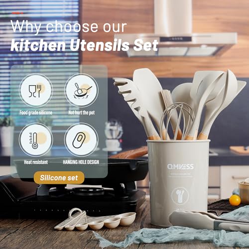 QMVESS Silicone Kitchen Utensils Set, 35 Pcs Non-Stick Cooking Utensils Set, Sturdy Insulation Wooden Handle Kitchen Accessories for Cooking with Spatula Set and Spoons Set Gadgets (Khaki) - color: Khaki
