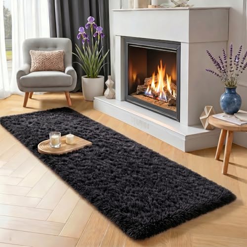Black Runner Rugs for Bedroom, Living Room 2x6 Small Plush Fluffy Boys Rug | Shaggy Bedside Rug, Soft Hallway Rugs for Kids Room, Plush Shag Carpet, Accent Throw Rugs, Home Decor Aesthetic Nursery - color: Black, size: 2' x 6' (Runner)