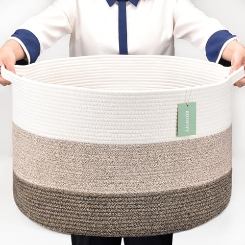Cotton Rope Blanket Basket, 87L Laundry Hamper, White & Ombre Brown | Collapsible Woven Nursery Hamper, Sturdy Handles for Clothes Toys Towels, Ideal for Living Room Bedroom Bathroom - color: White & Gradient Brown, size: 87L (22"x14")