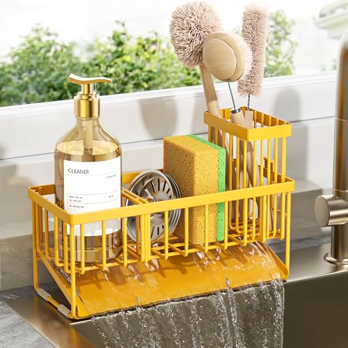 Cisily Lemon Yellow Sink Caddy Organzier with High Brush Holder, Sponge Holder for Sink, 304 Rustproof Stainless, Kitchen Countertop Soap Dispenser Organizer, Lemon Kitchen Decor and Accessories - color: Yellow, size: 9.25″