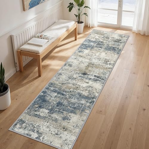GENIMO 2'6"x8' Runner Rug Non Slip Washable for Hallway Entryway Navy Blue | Modern Abstract, Lightweight Low Pile Thin Carpet, Spill and Stain Resistant Soft Mat for Kitchen Floor, Laundry Room Bedroom - color: Navy Blue Gray, size: 2'6" x 8' (Rectangula