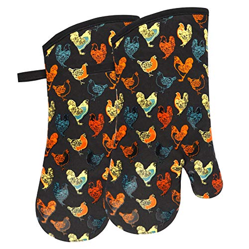 Oven Mitts 1 Pair, Non Slip Clear Silicone Printed Rooster Kitchen Gloves | Heat Resistant 480 ℉ Comfortable Cotton Lining Kitchen Men Cooking Barbecue Machine Washable (Rooster, Black Mittens) - color: Rooster, Black Mittens