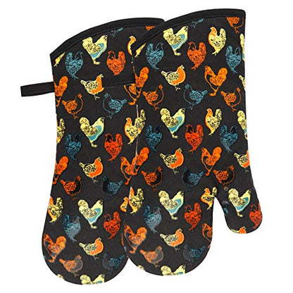 Oven Mitts 1 Pair, Non Slip Clear Silicone Printed Rooster Kitchen Gloves | Heat Resistant 480 ℉ Comfortable Cotton Lining Kitchen Men Cooking Barbecue Machine Washable (Rooster, Black Mittens) - color: Rooster, Black Mittens
