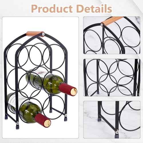 DICOSMETIC 1Pc Small Iron Wine Rack 6-Bottle Metal Wine Countertop Modern Freestanding Wines Holder Tabletop 8.11x4.94x13.23 Inch Large Bottle Organizer Holder for Home Bar Kitchen