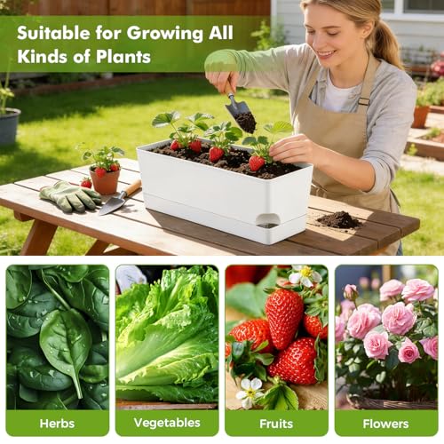 2 Pack Self Watering Pots for Indoor Plants 17 Inches Window Boxes Planters Rectangular Flower Pots Rectangle Herb Pots Large Plant Pots with Drainage Holes and Saucers Windowsill Planter, White - color: White