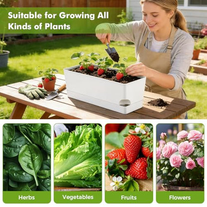 2 Pack Self Watering Pots for Indoor Plants 17 Inches Window Boxes Planters Rectangular Flower Pots Rectangle Herb Pots Large Plant Pots with Drainage Holes and Saucers Windowsill Planter, White - color: White