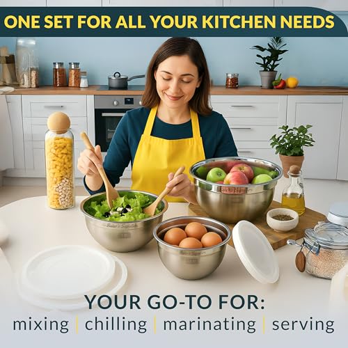 Stainless Steel Mixing Bowls with Lids Set of 3, Nesting Metal, 1.5/3/5 Qt | Mirror-finish interior, dishwasher safe & BPA-free; stack for food prep, baking, storage & serving - size: Set of 3