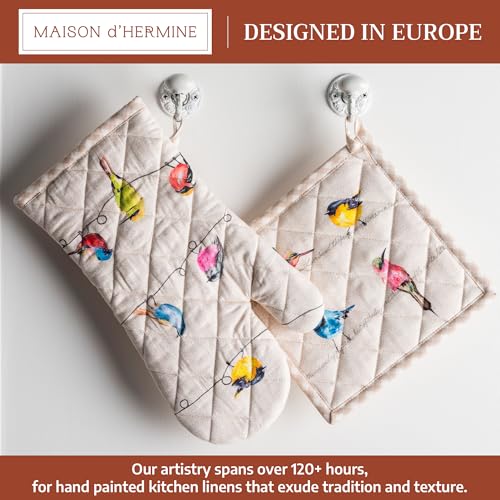Maison d' Hermine 100% Cotton Oven Mitt & Pot Holder Set (7.5"x13" & 8"x8") | Heat Resistant BBQ Cooking Gloves with Loop Baking Grilling Kitchen Hotel Home Farmhouse Spring Summer - Birdies on Wire - color: 003 - Birdies on Wire, size: 7.5" x 13" & 8" x