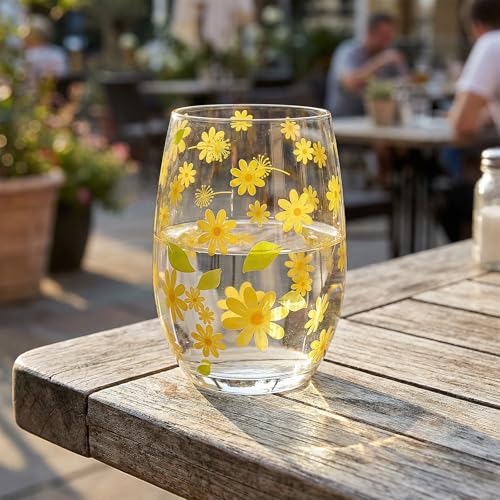 Hand Blown Etched Stemless Wine Glasses 19oz, Set of 4, Everyday Drinking Glasses, Large capacity, Unique Gifts for Him Her for Birthday, Wedding, Anniversary (Clear With Daisy) - color: Clear With Daisy