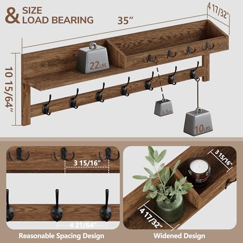 AMBIRD Coat Rack Wall Mount, 35 inch Large Wall Hooks with Shelf, Entryway Shelf with 7 Dual Coat Hooks 4 Key Hooks Mail Organizer, Wooden Coat Hanger and Key Holder Wall Mount - color: Brown, size: 35" L