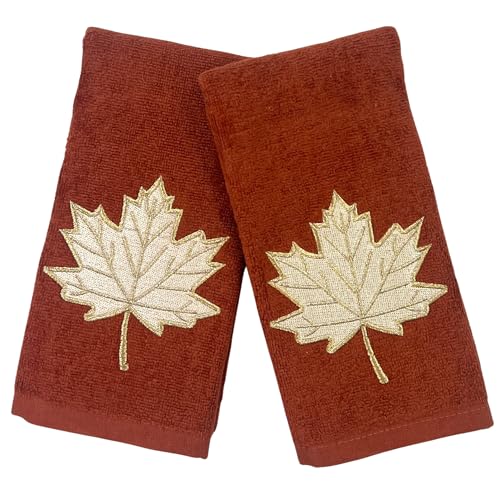 Fall Bathroom Fingertip Towels – Set of 2 Dark Brown 100% Cotton Embroidered Maple Leaf with Golden Accents Design – 18 x 12” Bath & Kitchen Towels Decor - color: Maple Leaf
