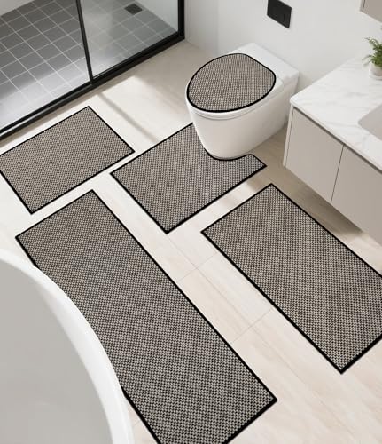 Thin Bath Mat Black Bathroom Rugs Sets 5 Pieces, Non Slip Absorbent Bath Mats Quick Dry, Woven Braided Rugs Washable, Bathroom Toliet,Bathtub - color: Black, size: 5Pieces