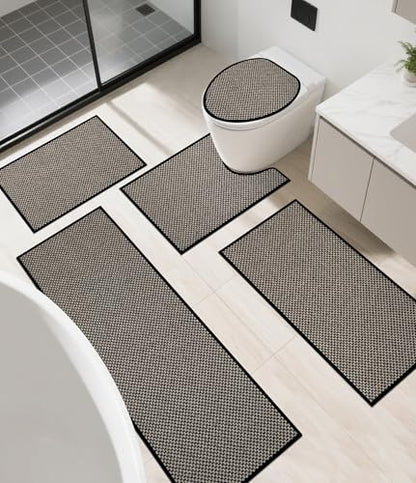Thin Bath Mat Black Bathroom Rugs Sets 5 Pieces, Non Slip Absorbent Bath Mats Quick Dry, Woven Braided Rugs Washable, Bathroom Toliet,Bathtub - color: Black, size: 5Pieces