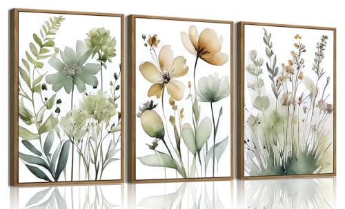 Framed 3 Piece Green Botanical Wall Art Boho Floral Canvas Prints | Neutral Flower Pictures Wall Decor Minimalist Nature Paintings Artwork for Bedroom Bathroom Living Room 16x24in - color: Botanical-1, size: 16x24 Natural